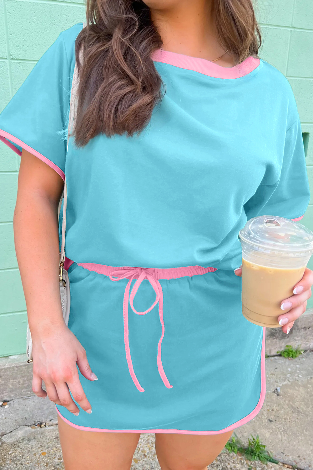 Plus Size Turquoise  Contrast Trim T Shirt and Skirt Two Piece Set