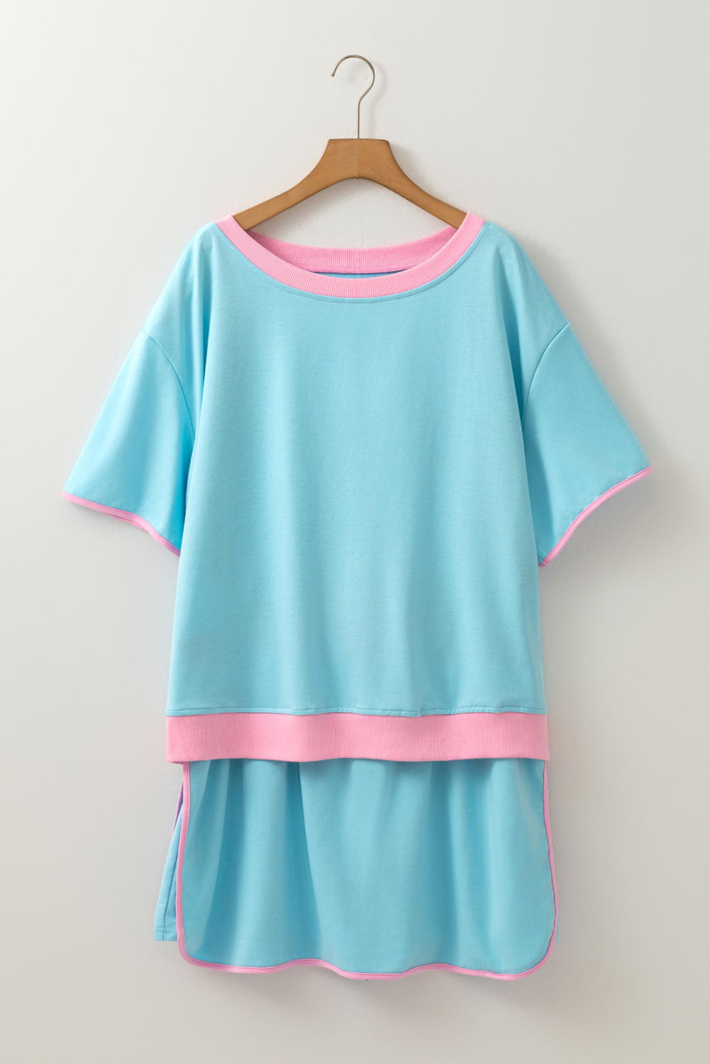 Plus Size Turquoise  Contrast Trim T Shirt and Skirt Two Piece Set