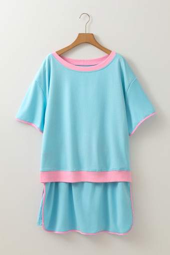 Plus Size Turquoise  Contrast Trim T Shirt and Skirt Two Piece Set