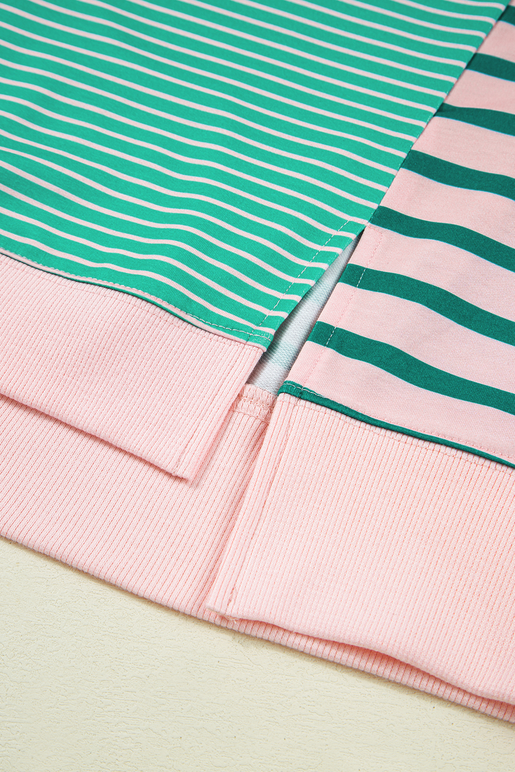 Plus Size Green Stripe Color Block Exposed Seam Side Slit  Sweatshirt
