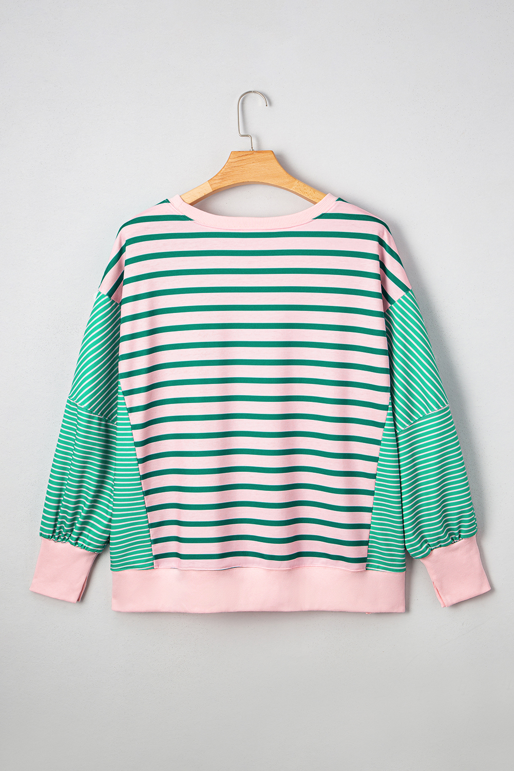 Plus Size Green Stripe Color Block Exposed Seam Side Slit  Sweatshirt