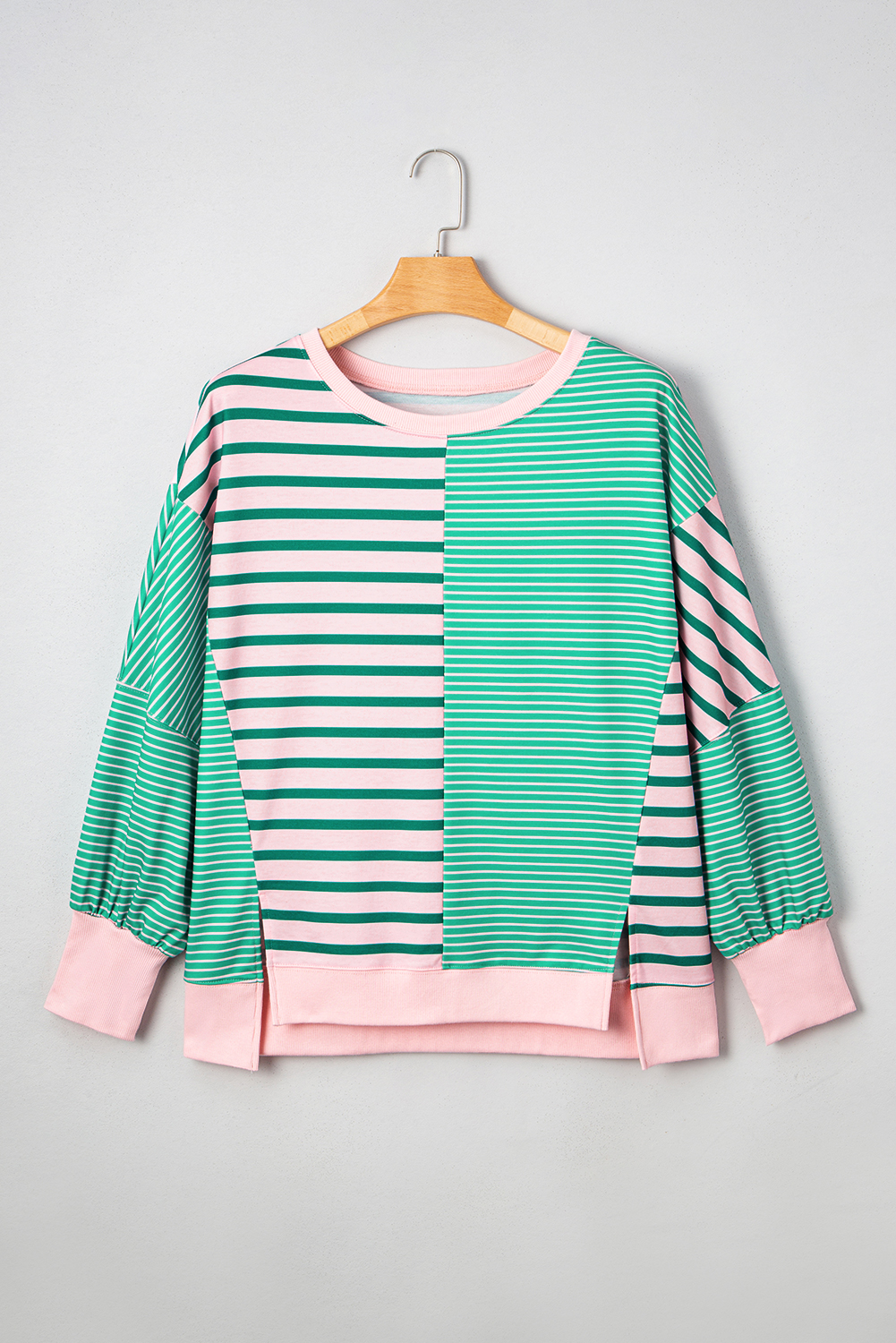 Plus Size Green Stripe Color Block Exposed Seam Side Slit  Sweatshirt