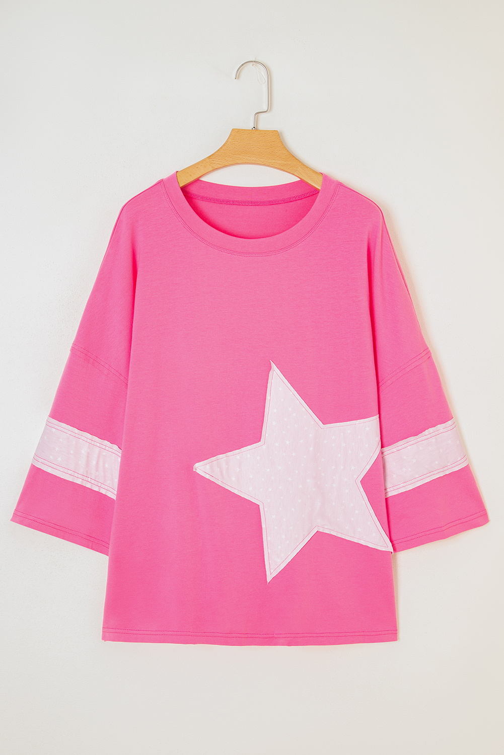 Plus Size Pink Star Patched Colorblock Raw Edge Bracelet Sleeve  Loose Tee