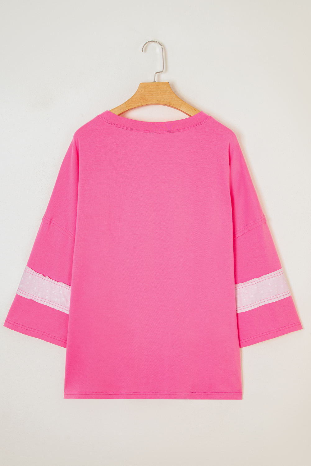 Plus Size Pink Star Patched Colorblock Raw Edge Bracelet Sleeve  Loose Tee
