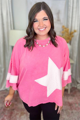 Plus Size Pink Star Patched Colorblock Raw Edge Bracelet Sleeve  Loose Tee