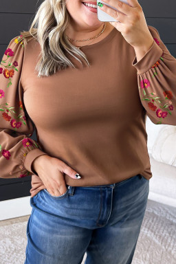 Brown Floral Sleeve Patchwork Round Neck Plus Blouse