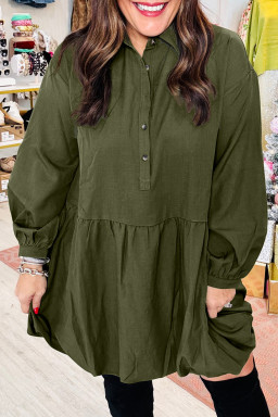 Plus Size Four Leaf Clover  Collar Half Button Long Sleeve Ruffle Hem Mini Dress