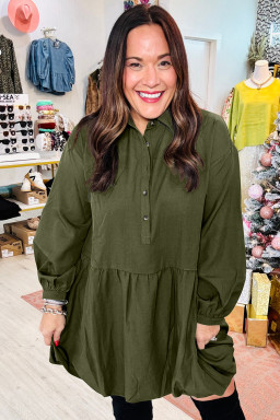 Plus Size Four Leaf Clover  Collar Half Button Long Sleeve Ruffle Hem Mini Dress