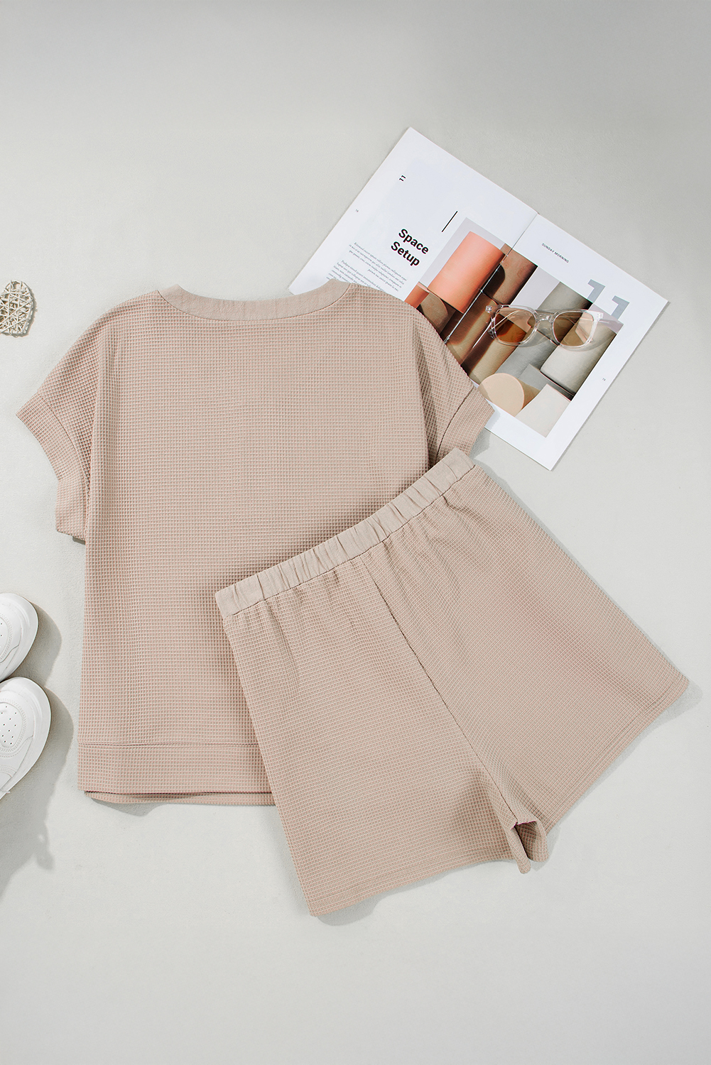 Plus Size Parchment Waffle Short Sleeve Henley Top Drawstring Shorts  Set