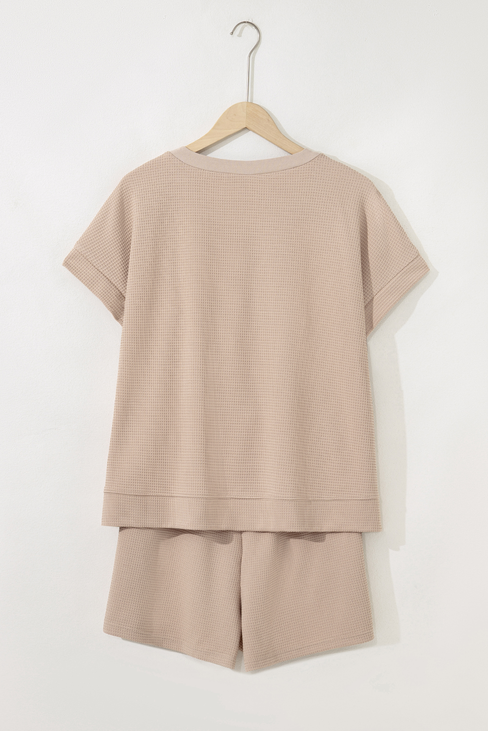 Plus Size Parchment Waffle Short Sleeve Henley Top Drawstring Shorts  Set