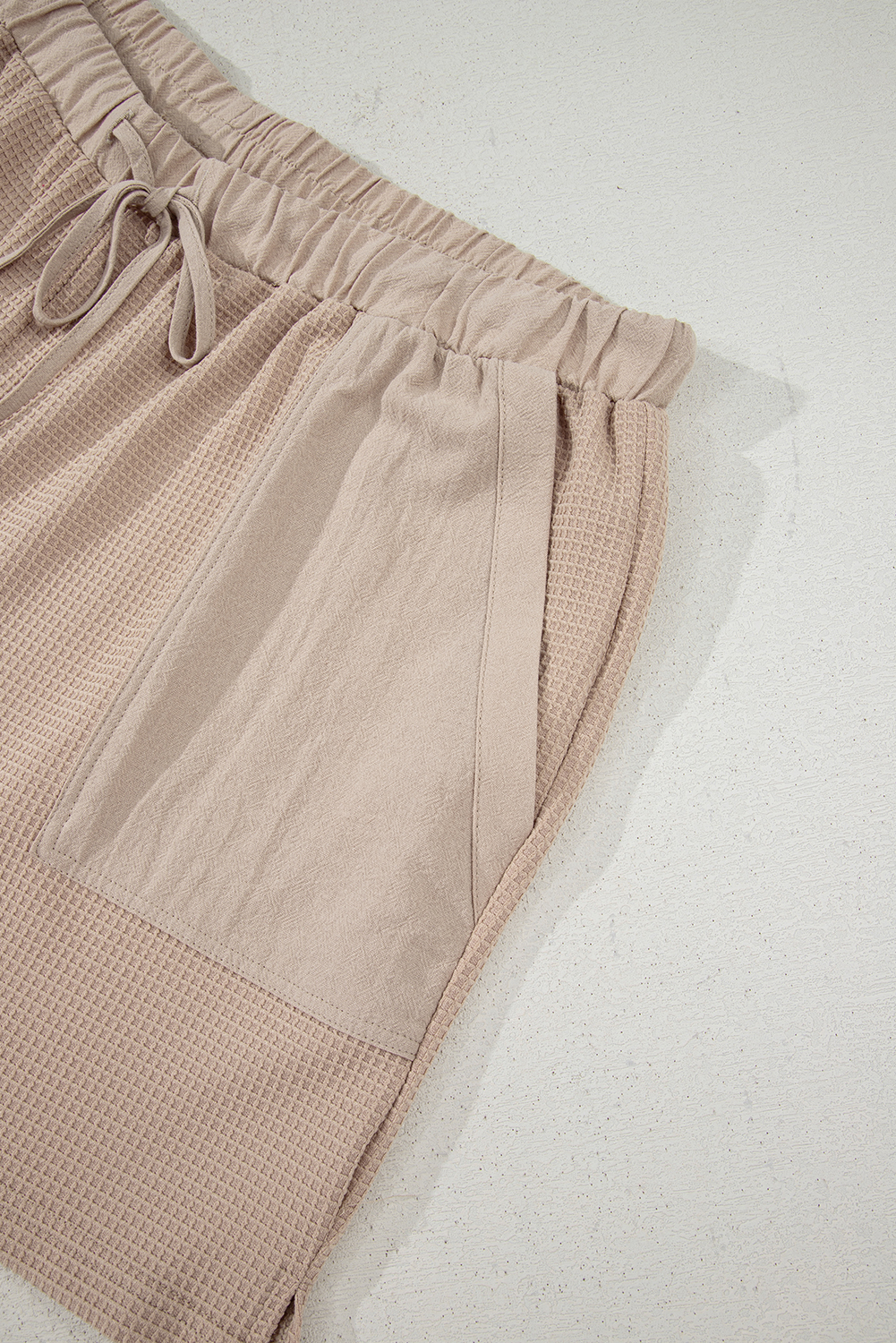 Plus Size Parchment Waffle Short Sleeve Henley Top Drawstring Shorts  Set