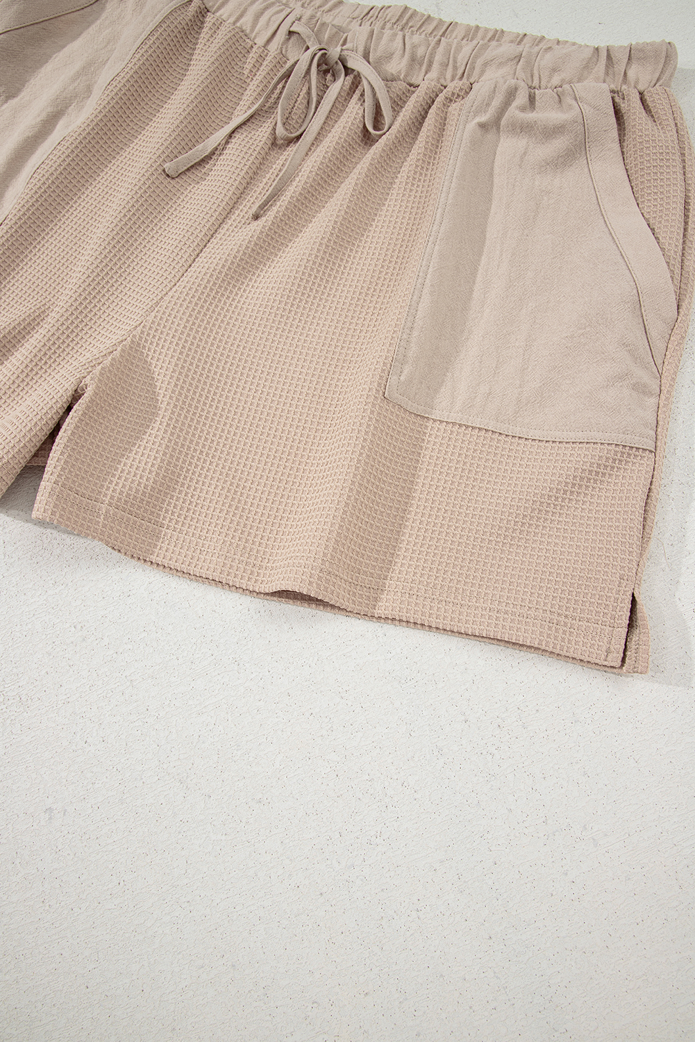 Plus Size Parchment Waffle Short Sleeve Henley Top Drawstring Shorts  Set