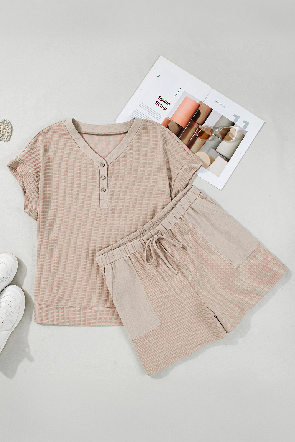 Plus Size Parchment Waffle Short Sleeve Henley Top Drawstring Shorts  Set