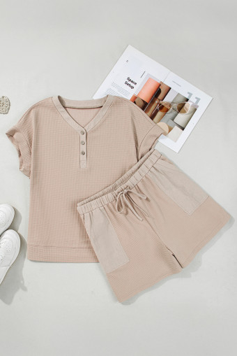 Plus Size Parchment Waffle Short Sleeve Henley Top Drawstring Shorts  Set