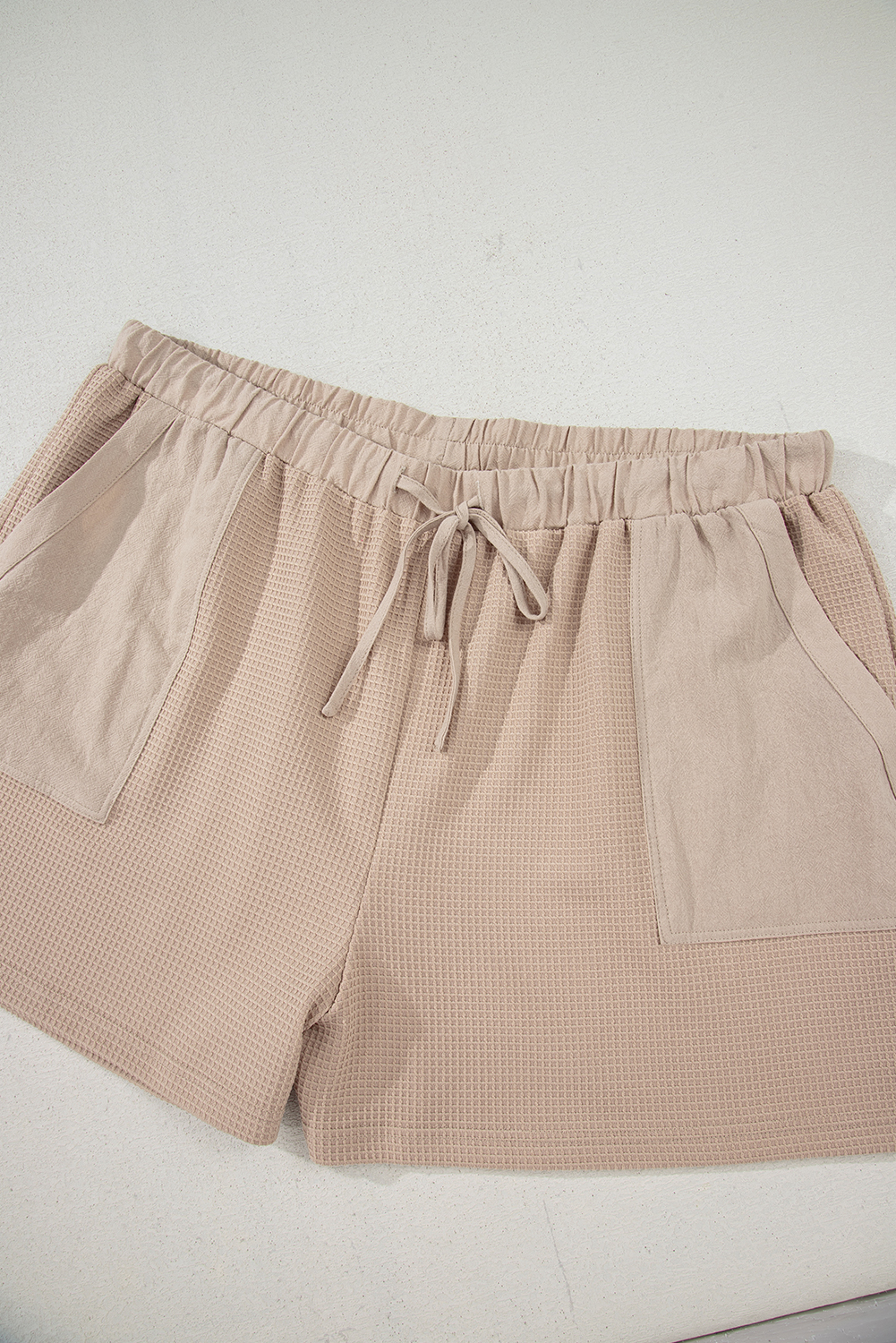 Plus Size Parchment Waffle Short Sleeve Henley Top Drawstring Shorts  Set