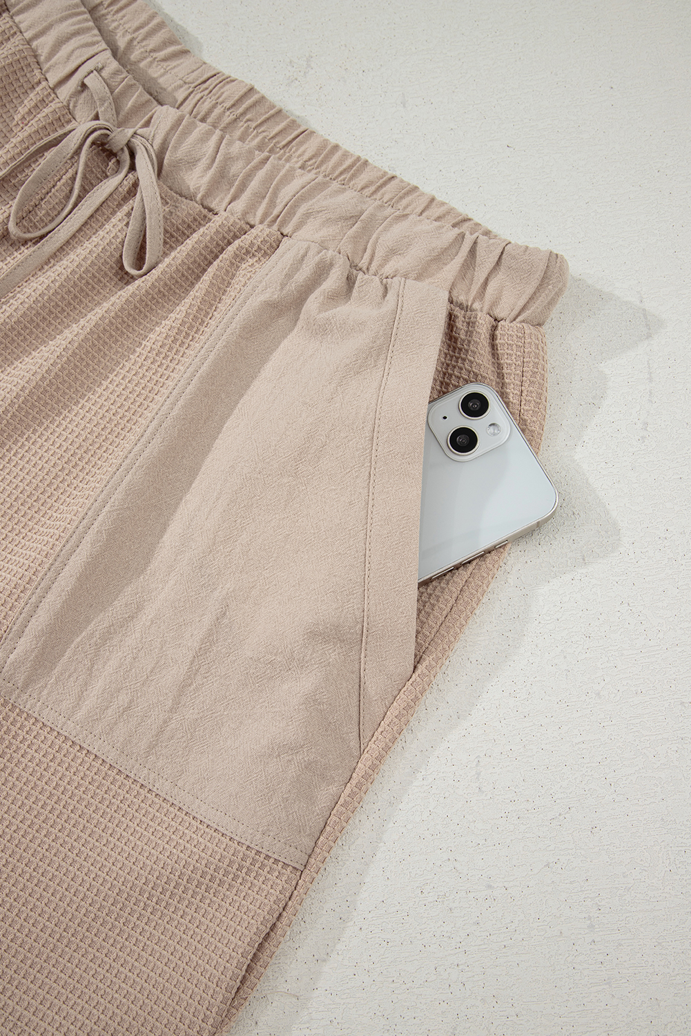 Plus Size Parchment Waffle Short Sleeve Henley Top Drawstring Shorts  Set