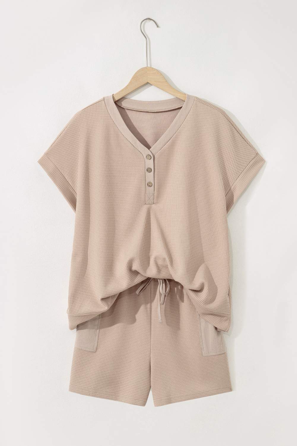 Plus Size Parchment Waffle Short Sleeve Henley Top Drawstring Shorts  Set
