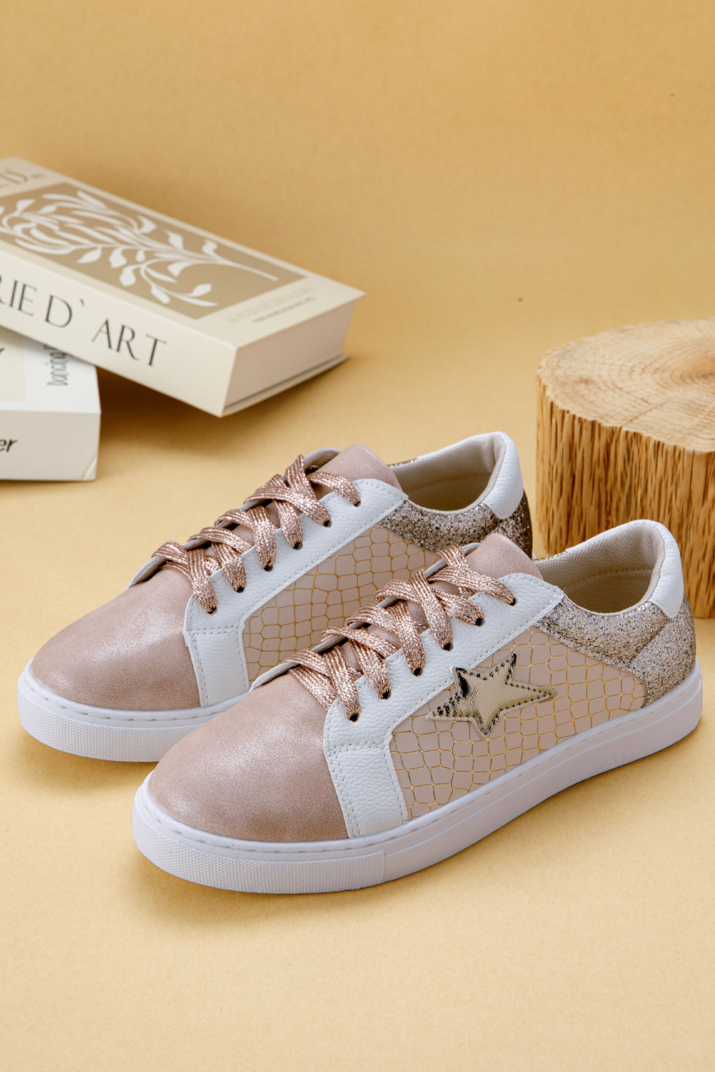 Dearlove Gold Glitter Star Patchwork PU Leather Lace-up Sneakers