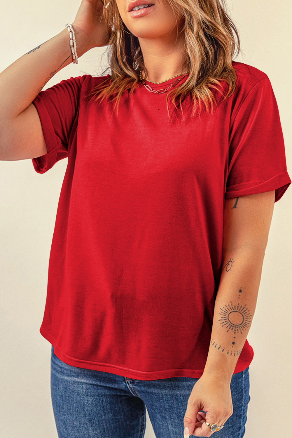 Dearlove Red Casual Plain Crew Neck Tee