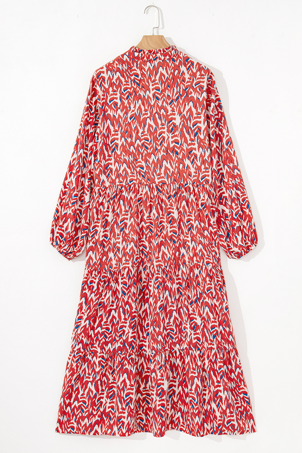 Plus Size Red  Abstract Print Notch V Neck High Waist Maxi Dress