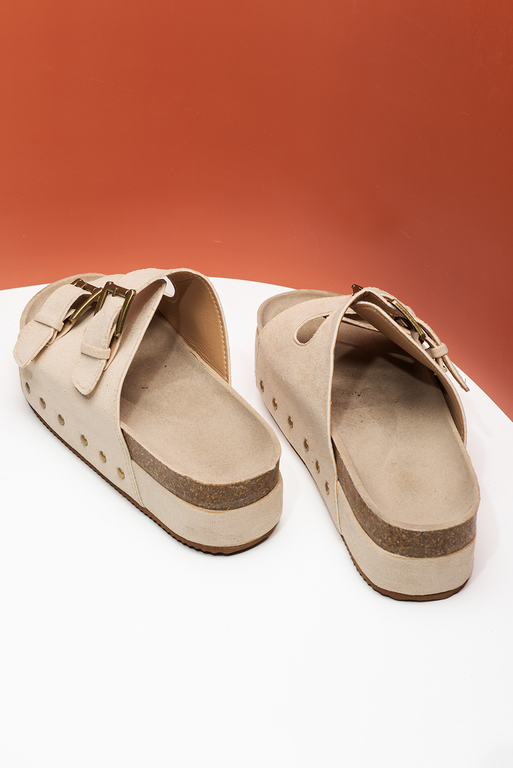 Beige Suede Buckle Decor Footbed Sandal Slippers