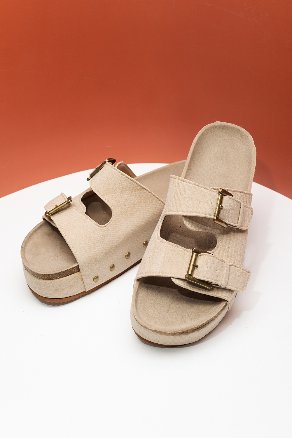 Beige Suede Buckle Decor Footbed Sandal Slippers