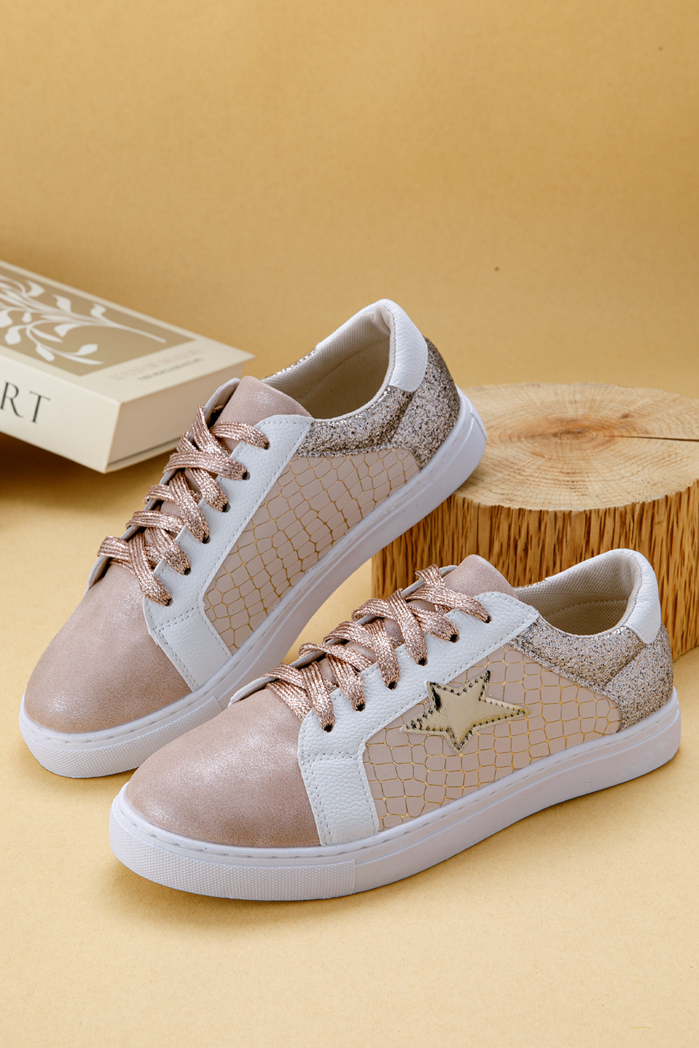 Dearlove Gold Glitter Star Patchwork PU Leather Lace-up Sneakers
