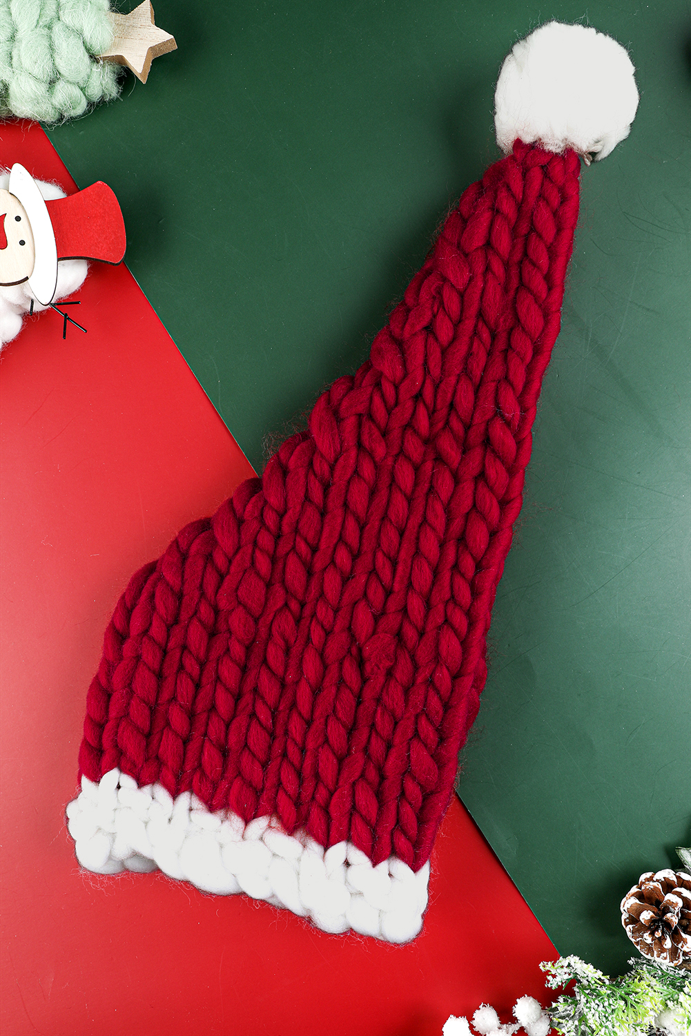 Dearlove Red Dahlia Color Block Pom Pom Decor Chunky Knitted Christmas Hat