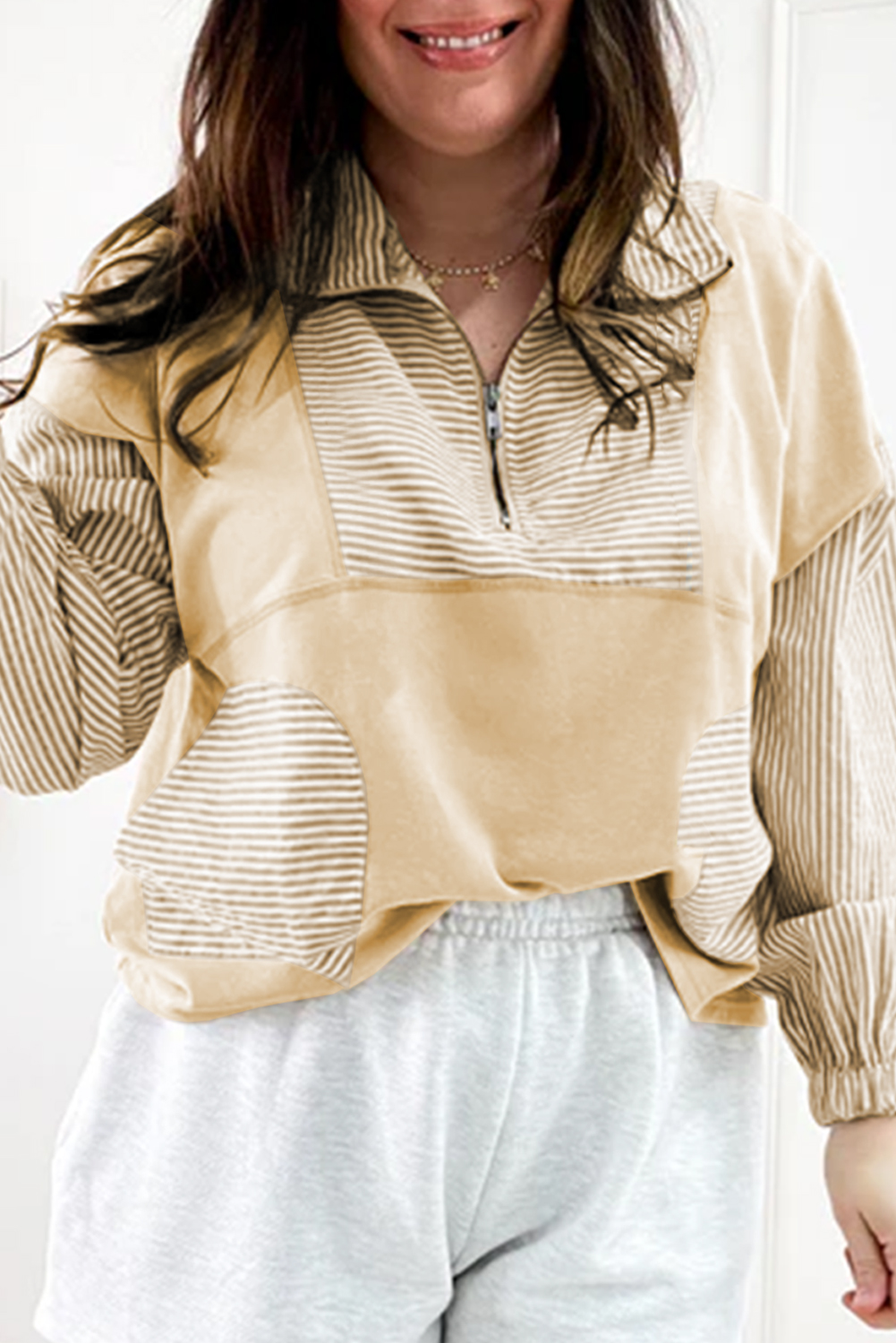 Plus Size Khaki Stripe Mix Half Zip French Terry  Sweatshirt