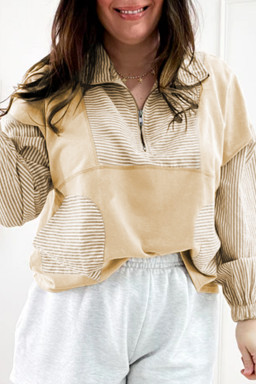 Plus Size Khaki Stripe Mix Half Zip French Terry  Sweatshirt