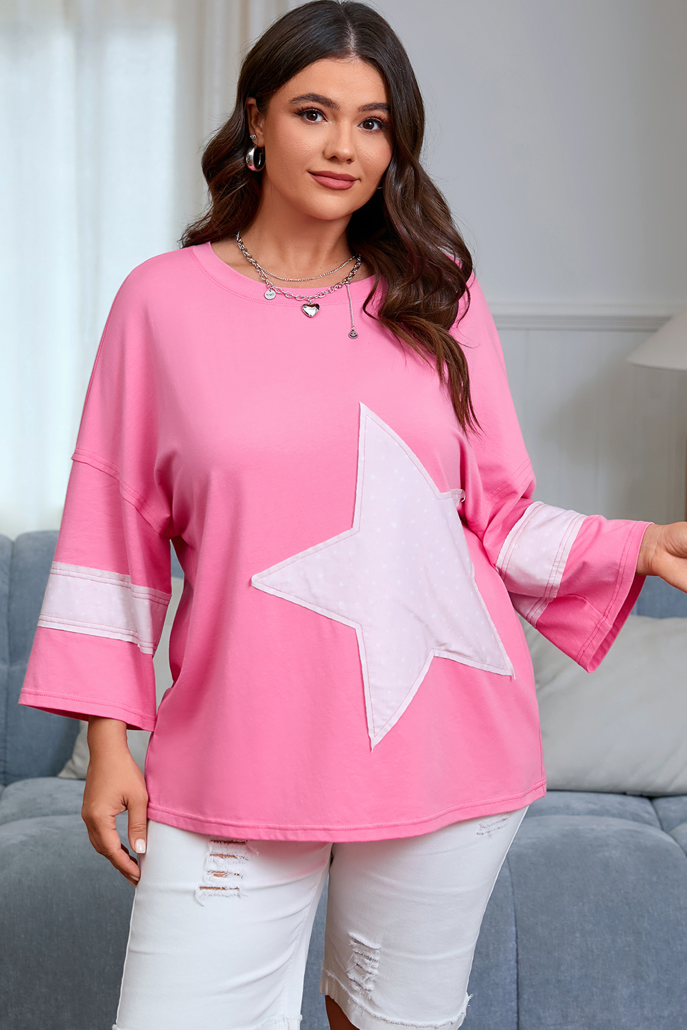 Plus Size Pink Star Patched Colorblock Raw Edge Bracelet Sleeve  Loose Tee