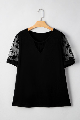 Plus Size Black Floral Mesh Patchwork Loose V Neck  T Shirt