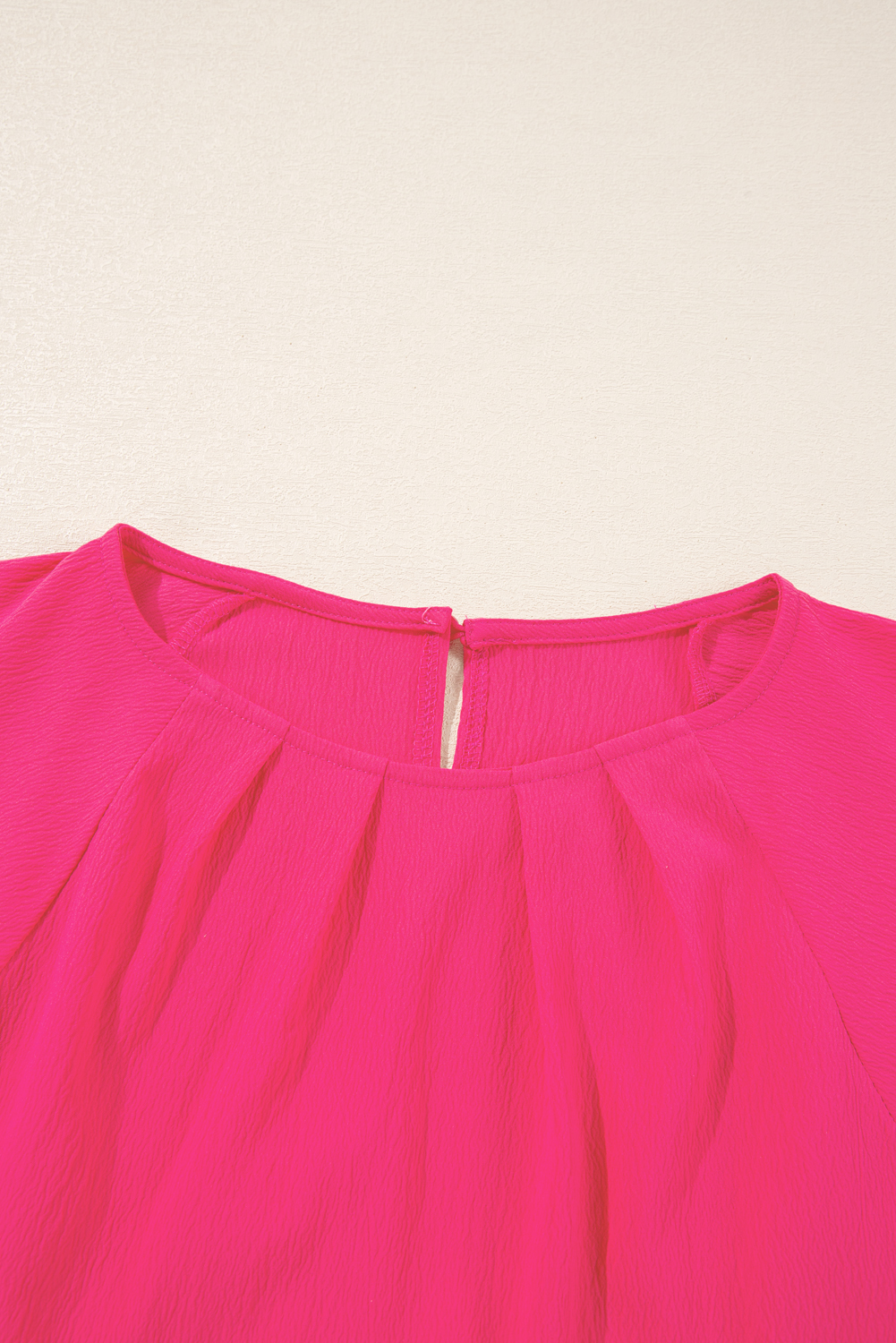 Plus Size Strawberry Pink Floral Embroidered Flutter Sleeve Pleated O Neck  Blouse