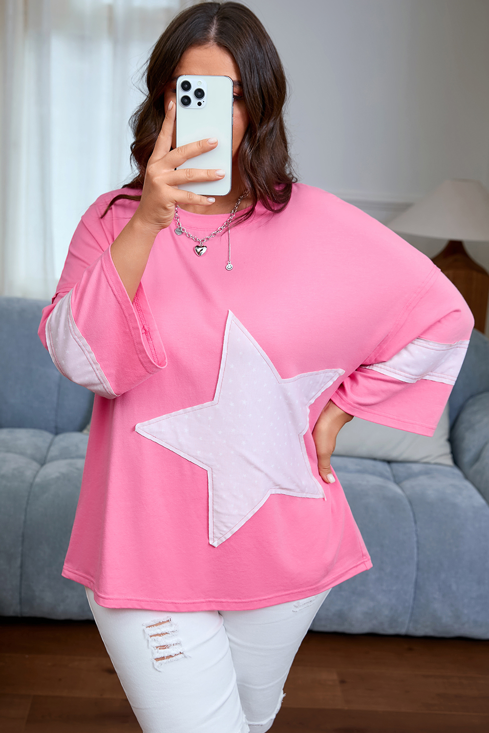 Plus Size Pink Star Patched Colorblock Raw Edge Bracelet Sleeve  Loose Tee