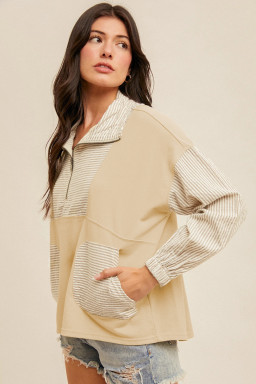 Plus Size Khaki Stripe Mix Half Zip French Terry  Sweatshirt