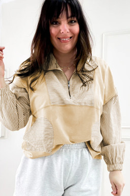 Plus Size Khaki Stripe Mix Half Zip French Terry  Sweatshirt