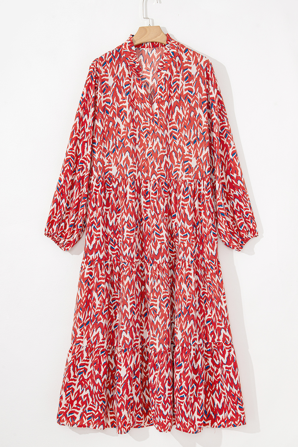 Plus Size Red  Abstract Print Notch V Neck High Waist Maxi Dress
