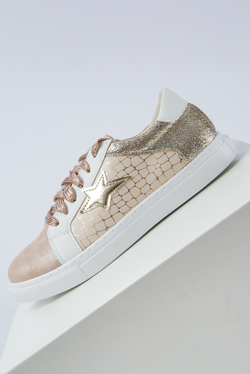 Dearlove Gold Glitter Star Patchwork PU Leather Lace-up Sneakers