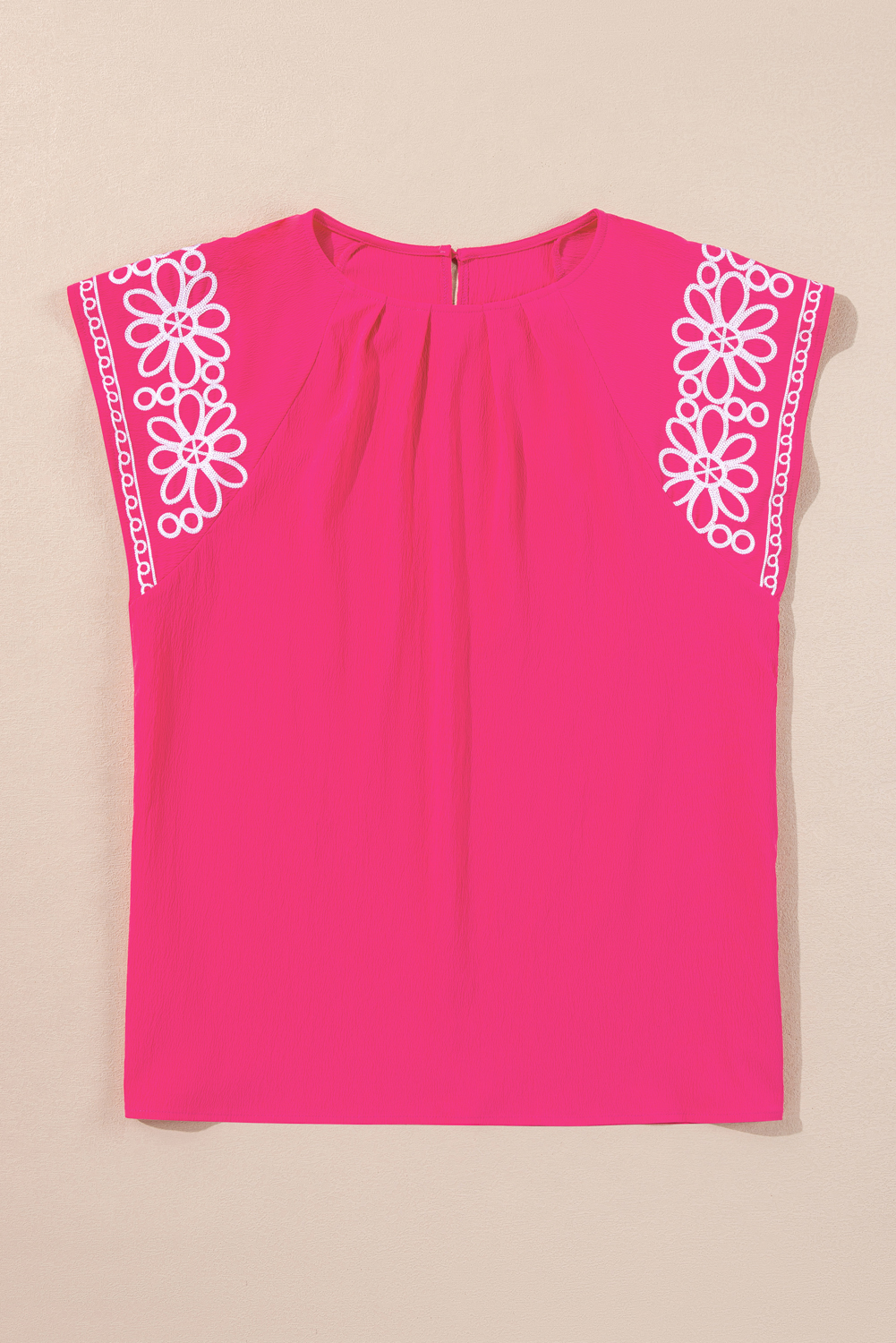 Plus Size Strawberry Pink Floral Embroidered Flutter Sleeve Pleated O Neck  Blouse