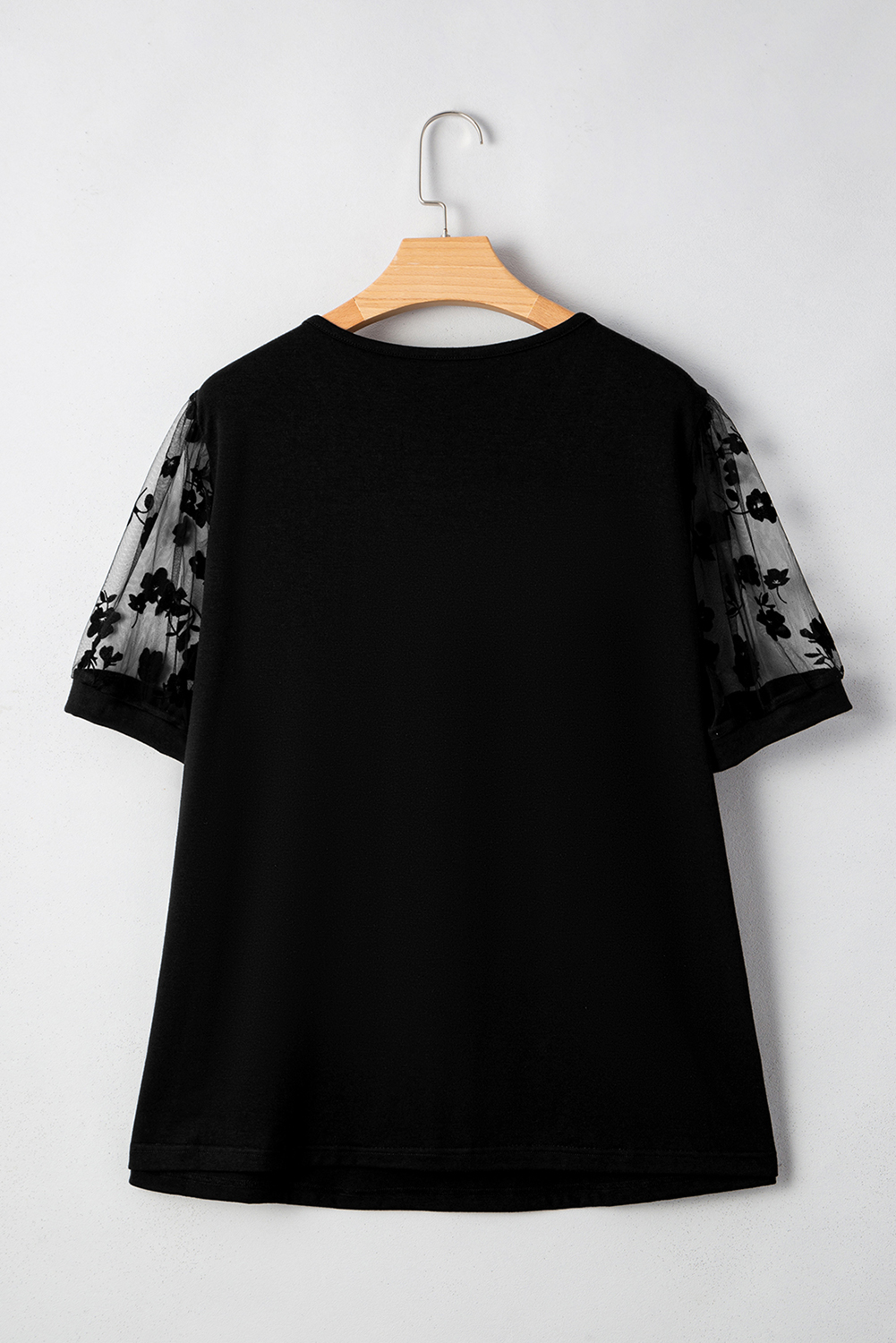 Plus Size Black Floral Mesh Patchwork Loose V Neck  T Shirt