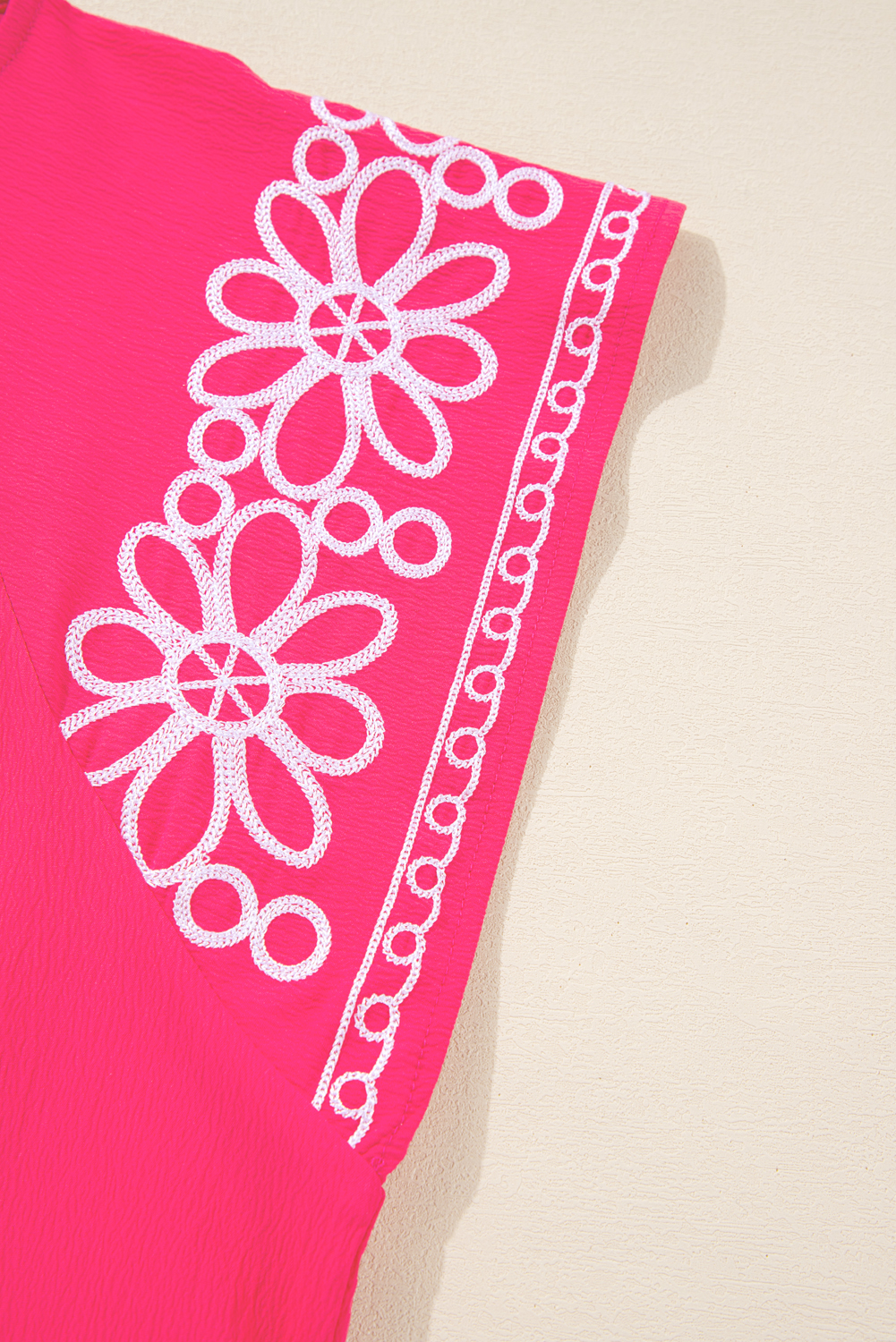 Plus Size Strawberry Pink Floral Embroidered Flutter Sleeve Pleated O Neck  Blouse