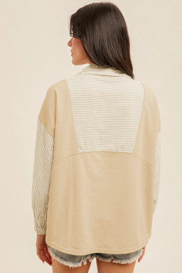 Plus Size Khaki Stripe Mix Half Zip French Terry  Sweatshirt