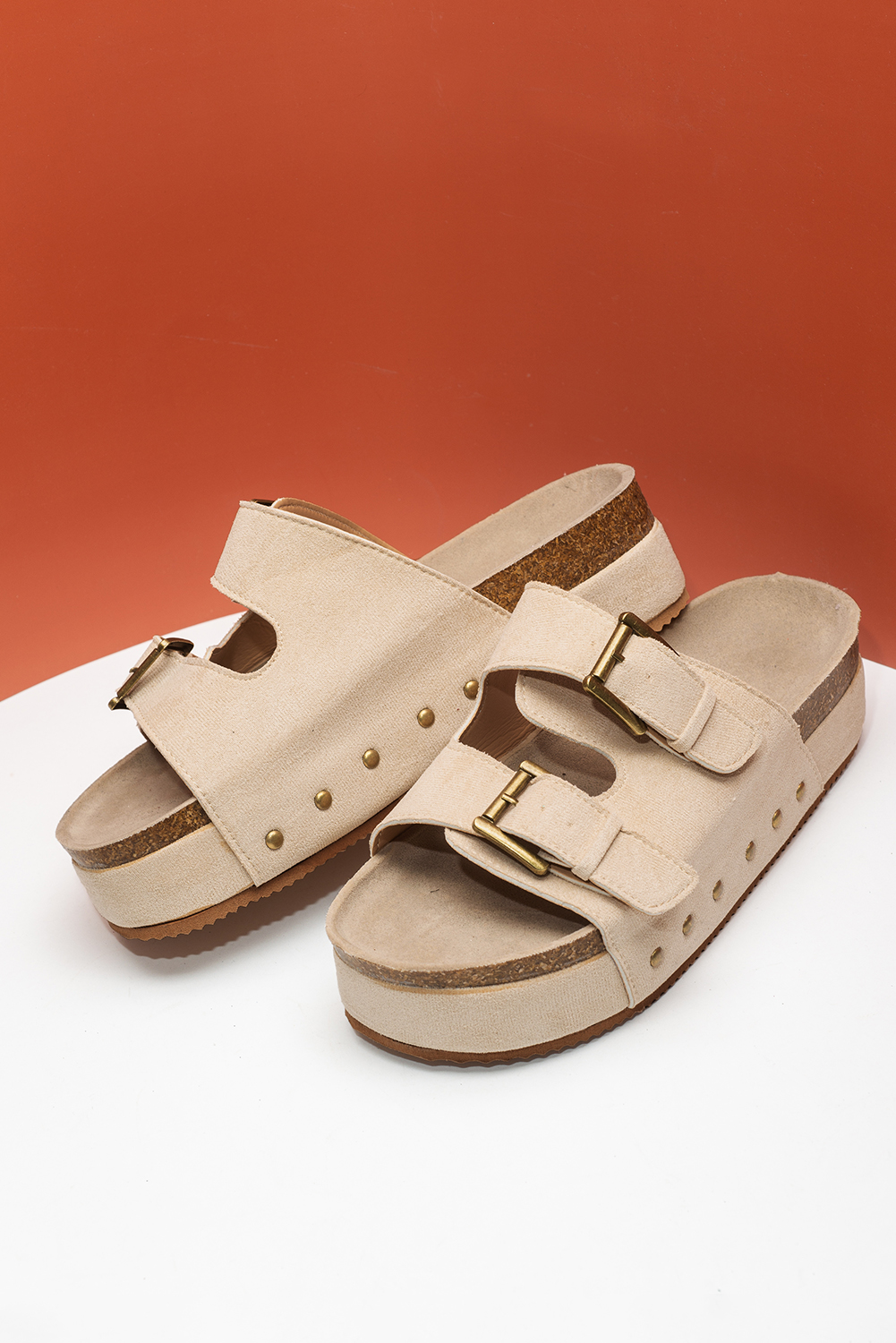 Beige Suede Buckle Decor Footbed Sandal Slippers