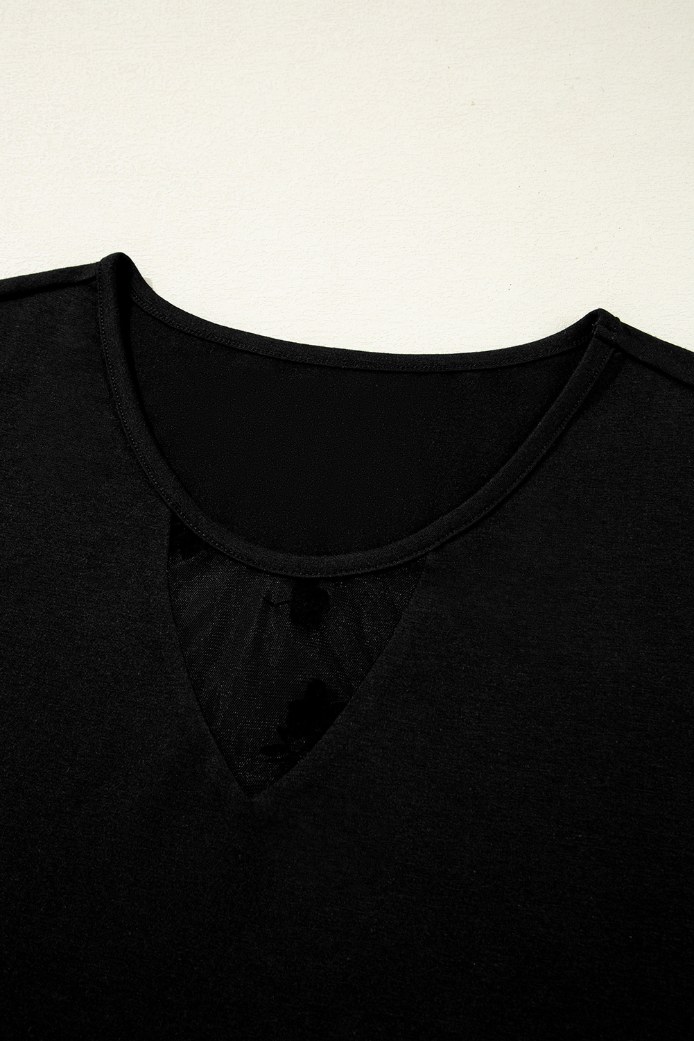 Plus Size Black Floral Mesh Patchwork Loose V Neck  T Shirt