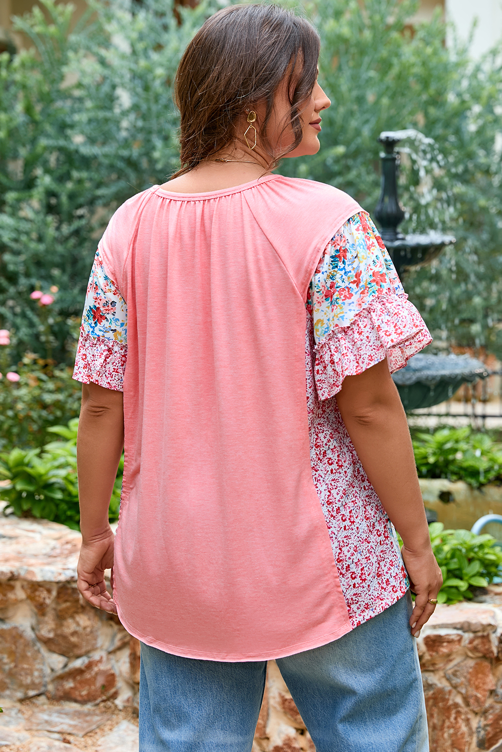 Plus Size Pink  Floral Patchwork Ruffled Short Sleeve Blouse