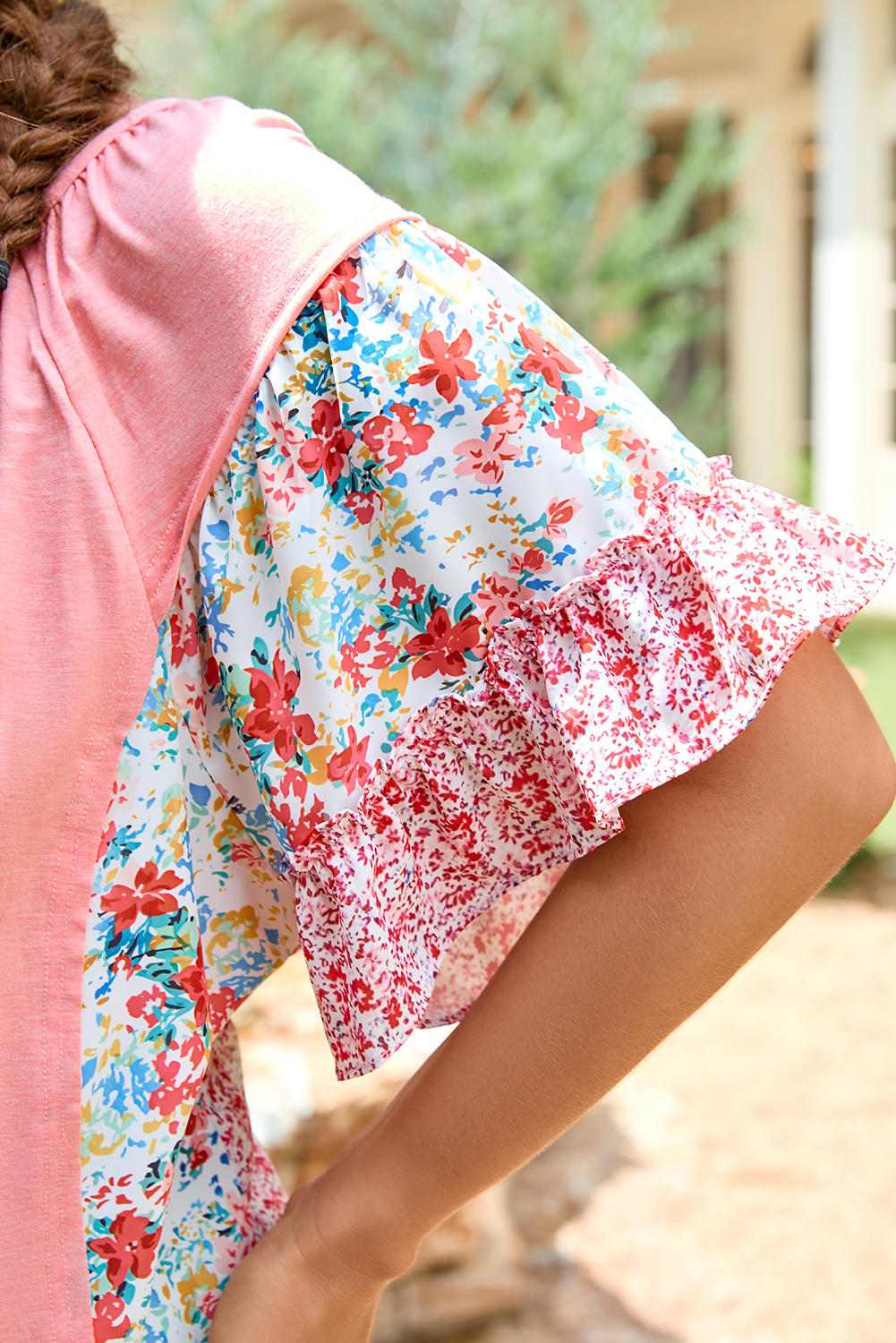 Plus Size Pink  Floral Patchwork Ruffled Short Sleeve Blouse