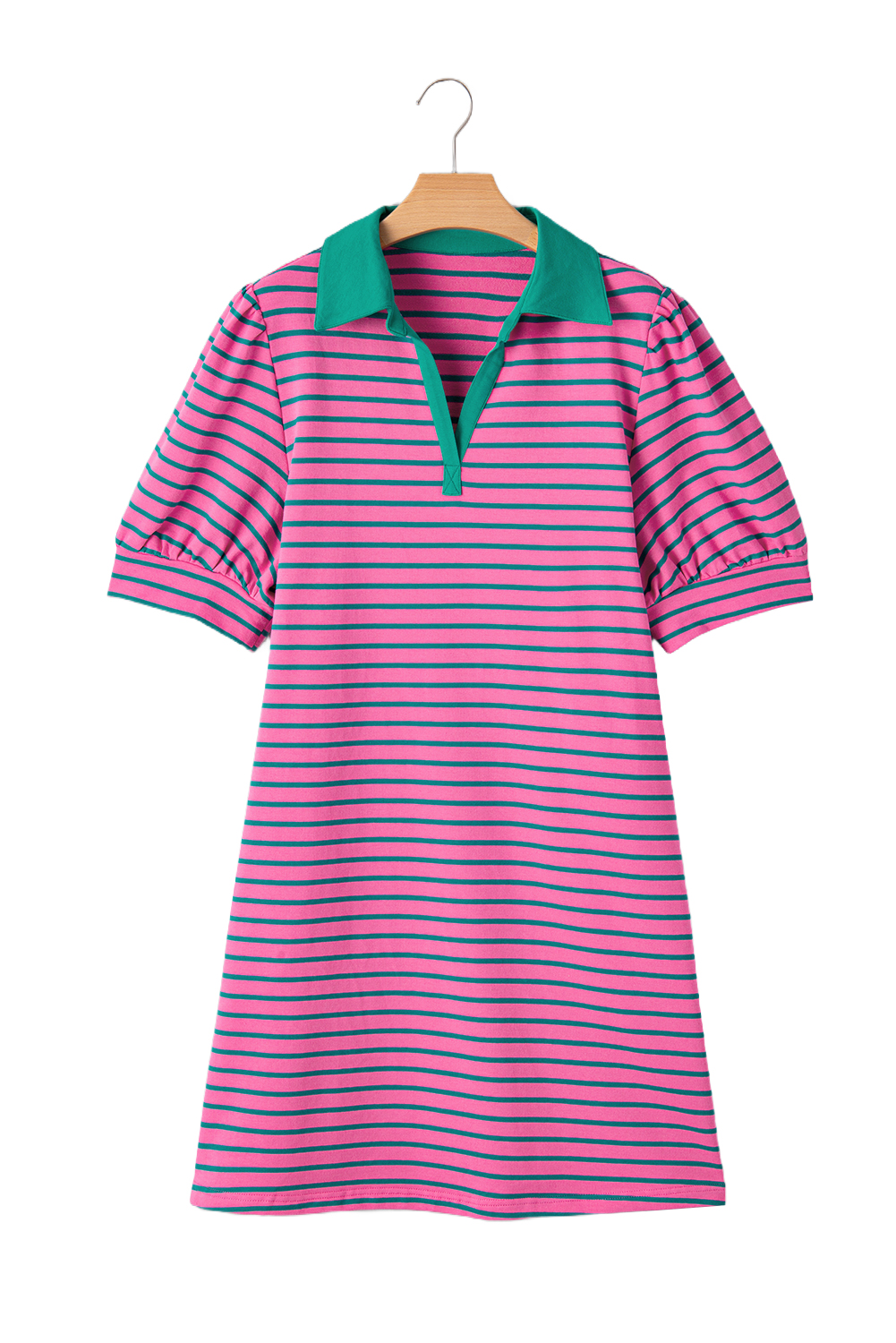 Rose Stripe Collared V Neck Puff Sleeve Shift T Shirt Dress with Pockets