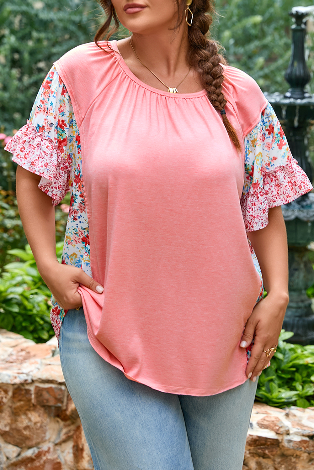 Plus Size Pink  Floral Patchwork Ruffled Short Sleeve Blouse