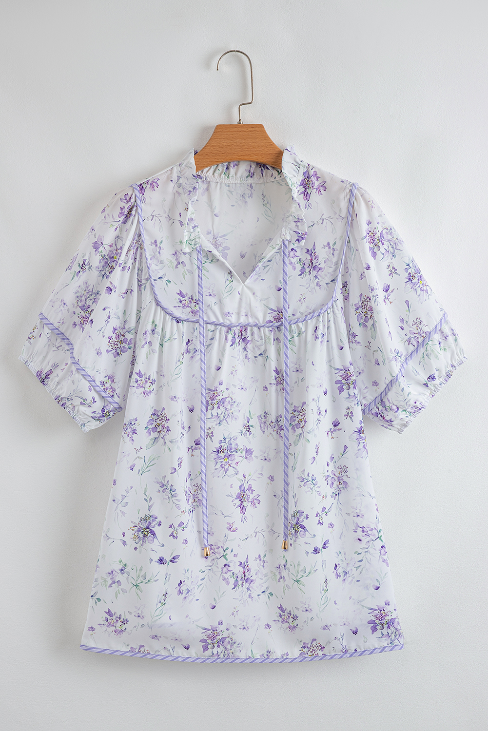 Plus Size Purple Floral Trimmed Detail Split Neck  Top