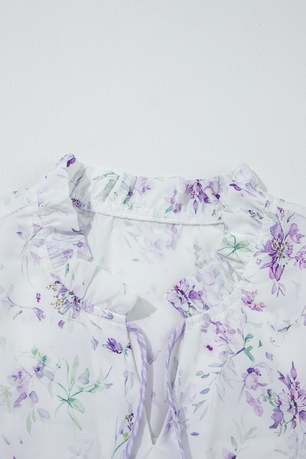 Plus Size Purple Floral Trimmed Detail Split Neck  Top